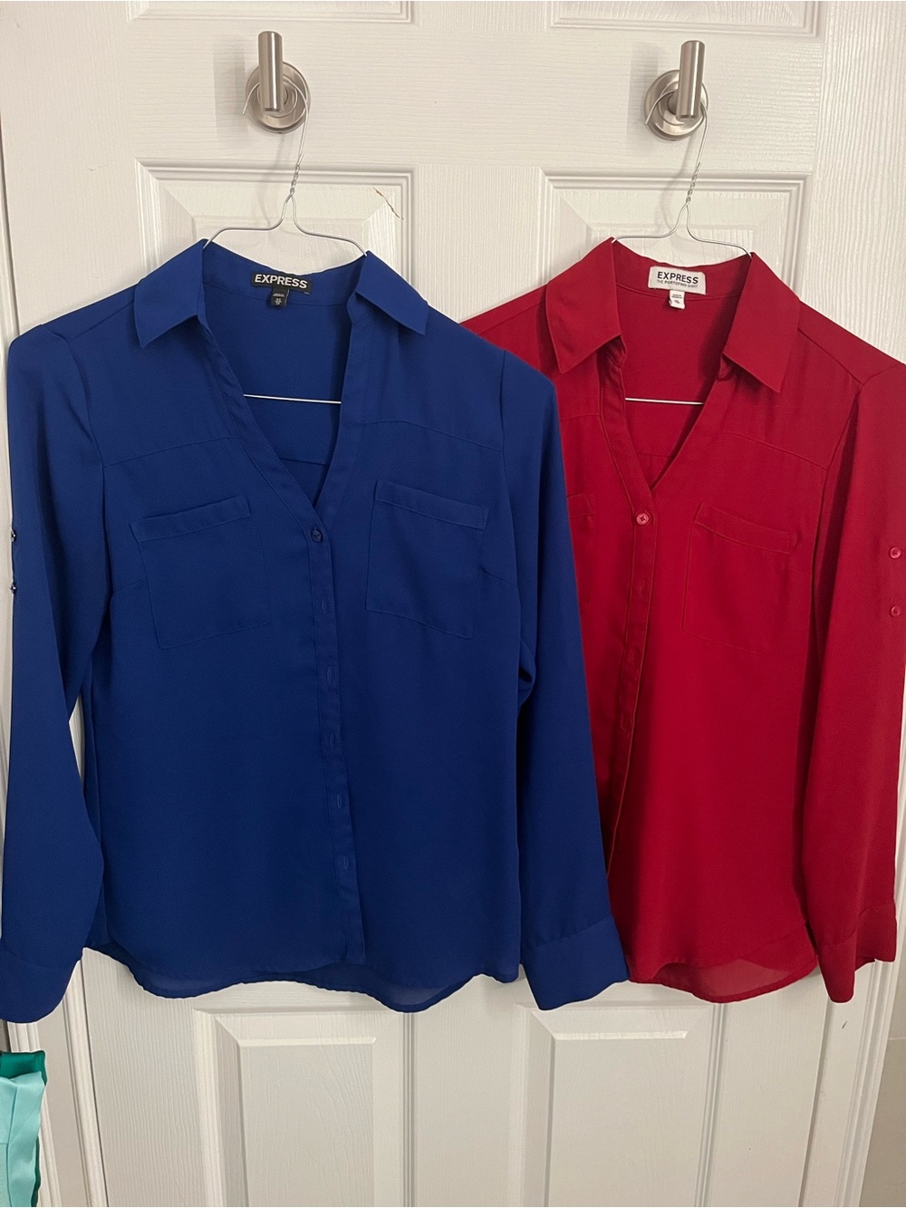 Express Women's XS Portofino Button-Down Blouse Duo — Royal Blue & Red